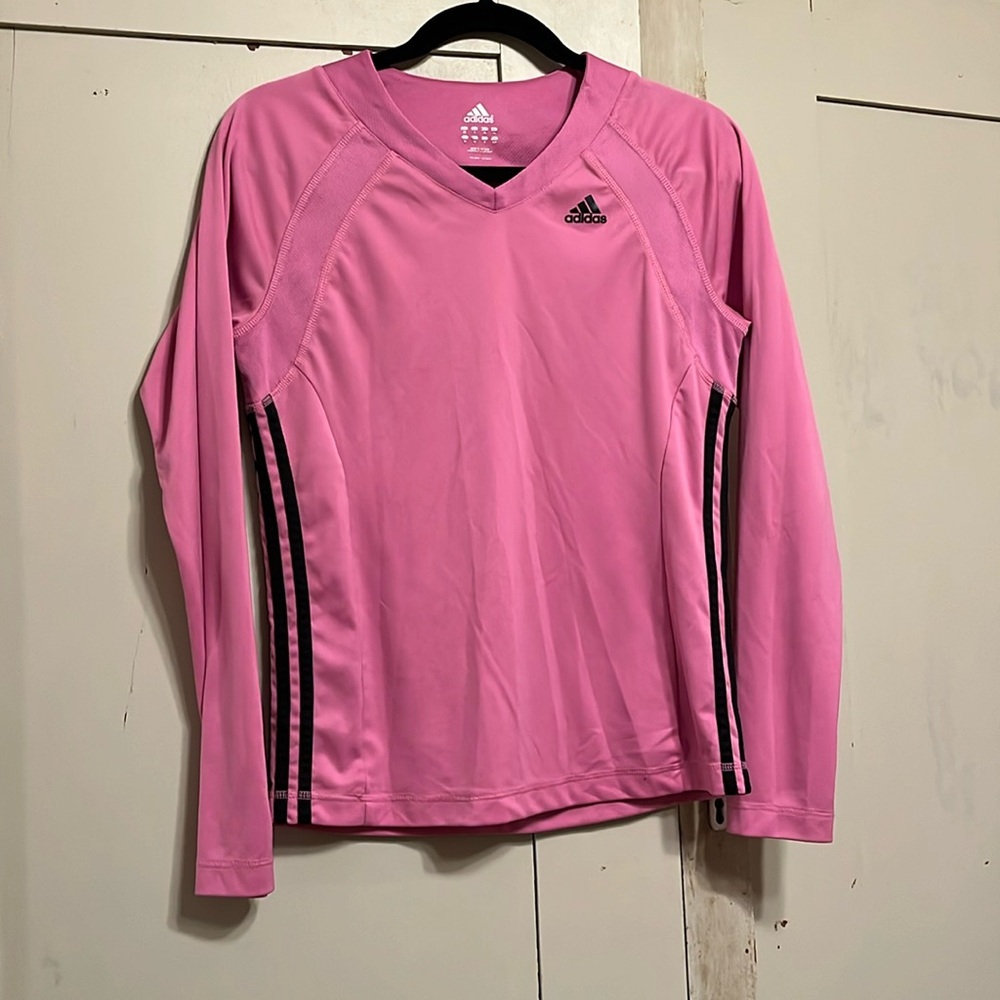 Pinkish purple  v neck Women’s size S Adidas, long sleeve top black stripe